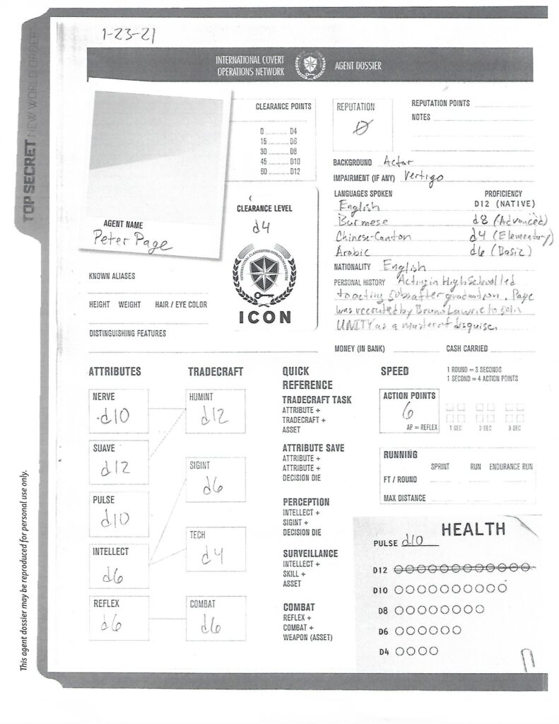 Peter Page character sheet