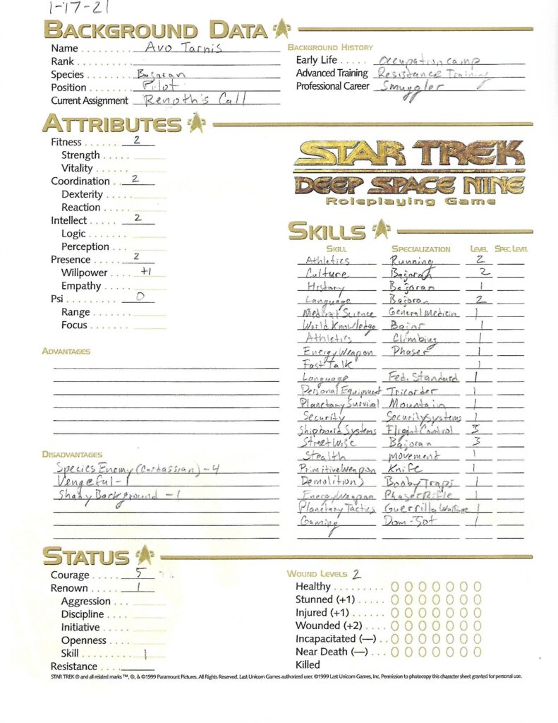 Avo Tarnis character sheet